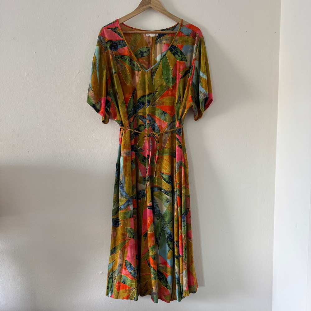 Orientique Australian Tropical Leaf Plus Midi Dress Multi Color 1X Vacation